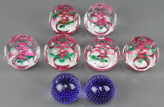 Six Selkirk faceted paperweights with stylised flowers 2 1/2", 2 blue bubble ditto 