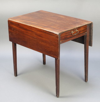 A 19th Century mahogany Pembroke table fitted a drawer and raised on square tapered supports 27 1/2h x 30"w x 20" when closed x 40" when open 