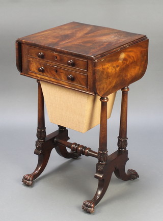 A William IV mahogany drop flap work table fitted 2 drawers above a basket raised on turned supports ending in paw feet and with H framed stretcher 30"h x 17"w x 16" when closed x 31" when open 