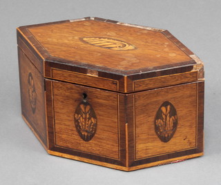 A Georgian lozenge shaped inlaid mahogany tea caddy decorated Prince of Wales feathers 5 1/2"h 9 1/2"w x 5"d 