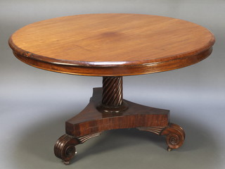 A William IV circular snap top breakfast table raised on spiral turned column with triform base and scroll feet, having an associated top formerly from an extending dining table, 28 1/2"h x 48"w x 47"d 