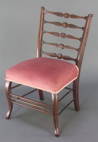An Edwardian inlaid mahogany London ladderback bedroom seat with upholstered seat raised on cabriole supports 
