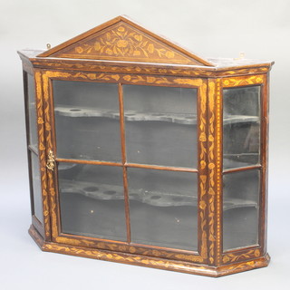 A 19th Century inlaid Dutch hanging wall cabinet decorated with flowers fitted shelves enclosed by astragal glazed panelled doors 37"h x 40"w x 82