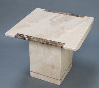 A square 2 colour marble coffee table raised on a pillar supports 22"h x 26"w x 26"d 