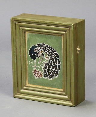 A green painted wall mounting key box enclosed by a panelled door decorated a peacock 8 1/2" x 7" x  2 1/2" 