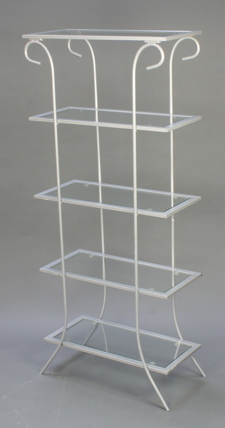 A grey painted metal and glass 5 tier display stand, raised on out swept supports 55 1/2"h x 24"w x 12"d 