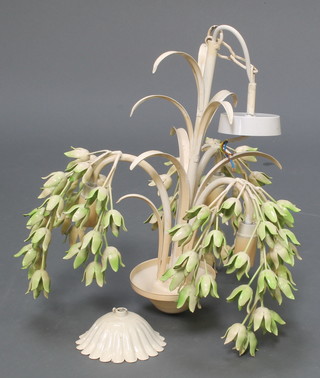 A cream and green painted metal 3 branch light fitting with vinous decoration 