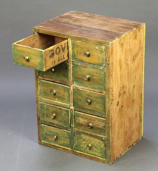 A green painted "upcycled" chest of 10 short drawers formed from wooden Bovril boxes 23"h x 16"w x 13"d 