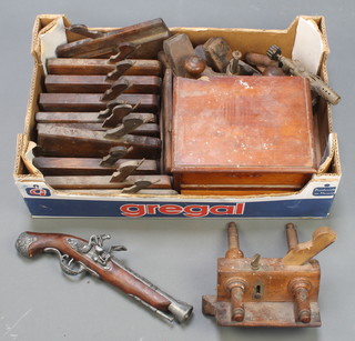 A collection of wooden planes, blow torch, reproduction pistol and other items 