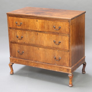 A mahogany chest of 3 long drawers raised on cabriole supports 34"h x 36"w x 19"d 
