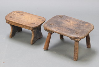 A rectangular elm footstool raised on panel end supports and a similar stool raised on turned supports 6" x 10 1/2" x 6 1/2" and 7" x 12" x 8" 