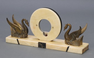 An Art Deco 2 colour marble clock case surmounted metal figures of swans