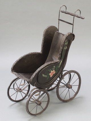 A Victorian style black painted wooden and metal dolls pram with painted floral decoration 29"h x 12"w x 22"
