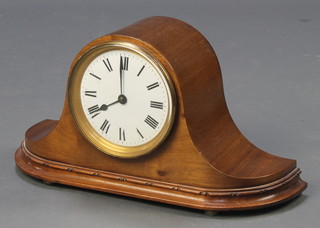 A French mantel clock with enamelled dial and Roman numerals contained in a mahogany admiral hat shaped case with squashed bun feet 