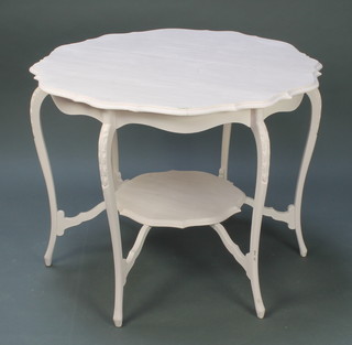 An Edwardian white painted circular 2 tier occasional table raised on out swept supports 28"h x 36" diam. and a bamboo corner shelf 