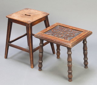 A rectangular carved oak stool raised on bobbin turned supports together with a square mahogany stool on tapered supports 