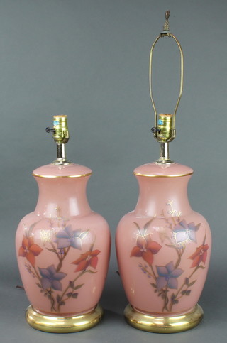 A pair of painted pink glass baluster table lamps converted to electricity 15" 