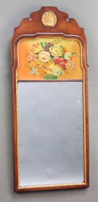 A Chippendale style rectangular plate mirror contained in an arched walnut frame, the upper section painted a panel with vase of flowers 31"h x 14"w 