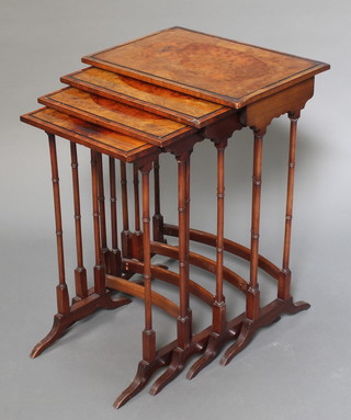 A quartetto of Edwardian rectangular inlaid figured walnut tables raised on turned supports with cross banded tops 27" 1/2"h x 20"w x 13 1/2"d, 27" x 17 1/2" x 12 1/2",  26" x 16" x 11 1/2" and 25"h x 14"w x 11"d 