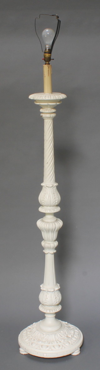 A white painted turned and carved mahogany standard lamp 58"h  