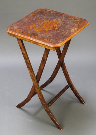 An Edwardian poker work folding table the top decorated a seated wyvern 24"h x 14 1/2"w x 15"d 