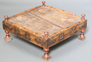 A square Indian hardwood and metal mounted stand/coffee table raised on turned and block supports 10" x 22" x 22" 