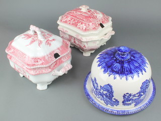 An Ironstone cheese dish and cover decorated with flowers, 2 tureens 