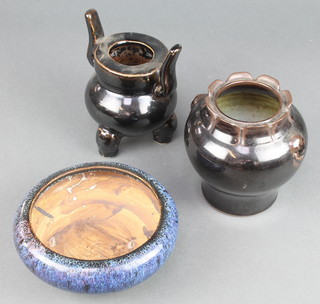 A Chinese Provincial style blue glazed shallow bowl 6", an archaistic style brown glazed Koro 6" and a ditto baluster vase with lion ring handles and wavy rim 5"  