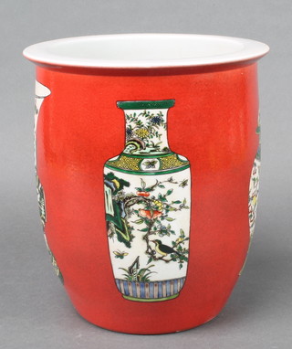 A Chinese 18th Century style red ground jardiniere decorated with vases 10" 
