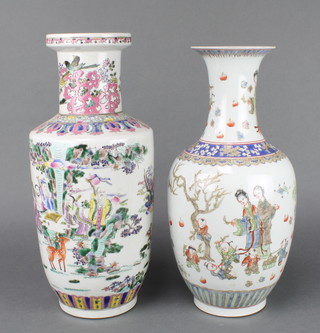 An Chinese 18th century style famille rose vase decorated with figures and animals in a landscape 16", a baluster ditto decorated figures in gardens 15" 