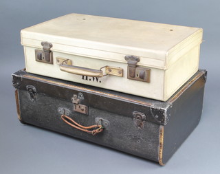 A white "parchment" suitcase with chrome mounts 6" x 22" x 13" (stitching damaged in places) together with a D shaped plywood suitcase 8 1/2" x 24" x 15 1/2" (some scuffing and possibly a replacement leather handle) 
