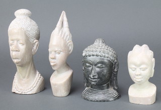 3 African carved hardstone busts of female figures and a carved hardstone bust of Buddha 5" 