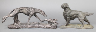 After Crosa, a bronze figure of a running lurcher and hare 5" x 13" and a bronze figure of a retriever 6" x 9" 