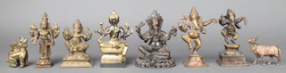 6 Indian bronze figures of deities 6" and 2 others of mythical beast and oxon 3" 
