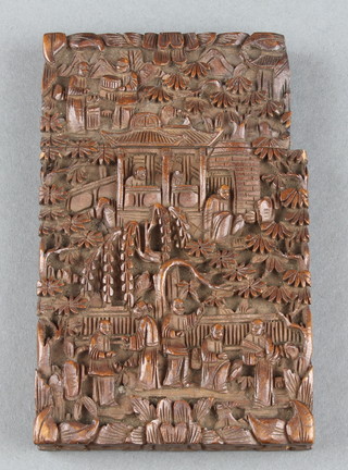 A Cantonese carved wooden card case decorated court figures 4" x 3"