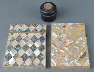 2 19th Century mother of pearl card cases 4" x 2 1/2" together with a cylindrical jar and cover decorated a carved mother of pearl? moon face 1 1/2" 