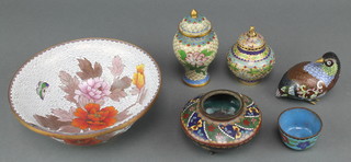 A champleve enamel baluster shaped urn and cover 3", a cloisonne bowl with floral decoration 7", ditto urn and cover 4", ditto figure of a grouse 3", tea bowl 1 1/2", circular jar 2" (no cover) 