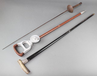 A fencing foil, the 29" blade marked 5 together with an ebony walking stick with silvered band and horn handle and a folding shooting stick 