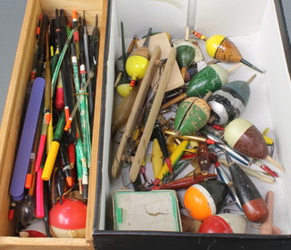 A rectangular box containing various fishing vintage floats, pike lures, some by Alcock etc and a box of approx. 70 coarse floats 