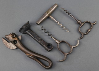 2 19th Century polished steel corkscrews, a silver plated folding picnic corkscrew, a bulls head tin opener (blade bent), a stylised hook in the form of a hand 