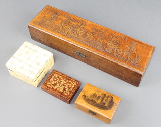 A rectangular carved oak glove box the lid decorated figures 2 1/2" x 14" x 4", a mauchline ware box decorated Carisbrooke Castle 1 1/2" x 3 1/2" x 2", a Continental inlaid walnut box 1" x 3 1/2" x 2 1/2" and a bone trinket box 2" x 3" x 3 1/2" 