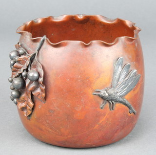 Gorham & Co, an Art Nouveau bronze vase with wavy border, dragonfly and vinery decoration 3 1/2" x 4" 