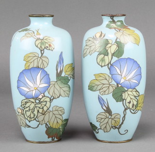 A pair of Japanese turquoise cloisonne enamelled vases 7" 