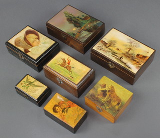 A 19th Century rectangular cigar box the lid decorated a huntsman 2" x 5" x 3", a Brooks sewing cottons box the lid decorated a snowy scene 2" x 6 1/2" x 5" and 1 other decorated a river scene 2" x 6 1/2" x 4 1/2" (hinge f), an Anchor do. decorated a portrait of a lady 2" x 5 1/2 x 4", anchor do. decorated figures of children and puppy 1" x 2 1/2" x 4", do. J & P Coats decorated dogs  2" x 4" x 3 1/2" and 1 other decorated a lovebird 1" x 3" x 2" 