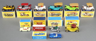 9 Matchbox models of Yesteryear - Y-3, Y-4 (x2), Y-6, Y-7, Y-8, Y-9, Y-12 and Y-13 together with 2 other Matchbox cars - Ford Corsair & boat no.45  and Lotus Europa no. 5, all boxed 