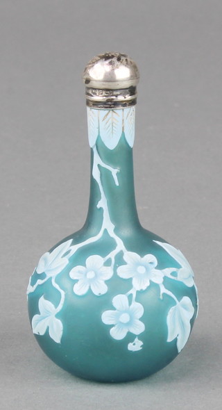 A Victorian carved cameo 2 colour turquoise glass scent bottle vase with silver stopper Birmingham 1889, 3 1/4"