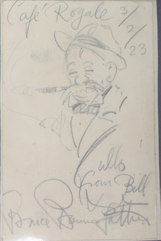 Bruce Bairnsfather, a sketch marked Cafe Royal 3223 "'Ullo from Bill" 5" x 4" together with Bairnsfather "Fragments of France" vols 1, 2, 3 and 4, bound as one 