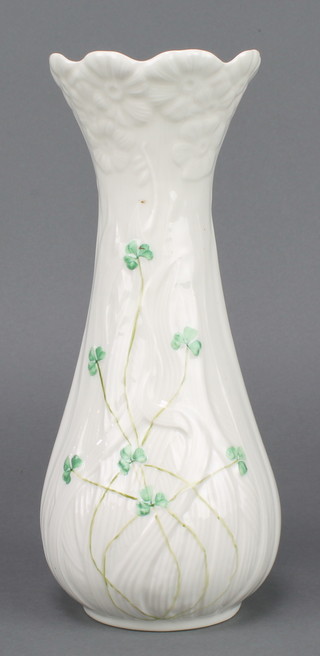 A Belleek waisted vase decorated with shamrock, green mark to base 10" 