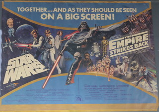 Star Wars and Empire Strikes Back double bill British quad movie poster 1979 with artwork by Tom Chantrell 30" x 40".