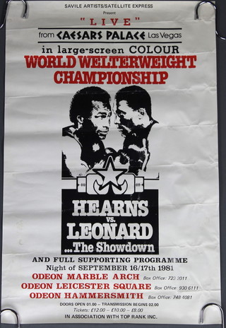 A promotional double crown  ( 20" x 30" ) poster of the Sugar Ray Leonard vs. Thomas Hearns 1981 World Welterweight Championship